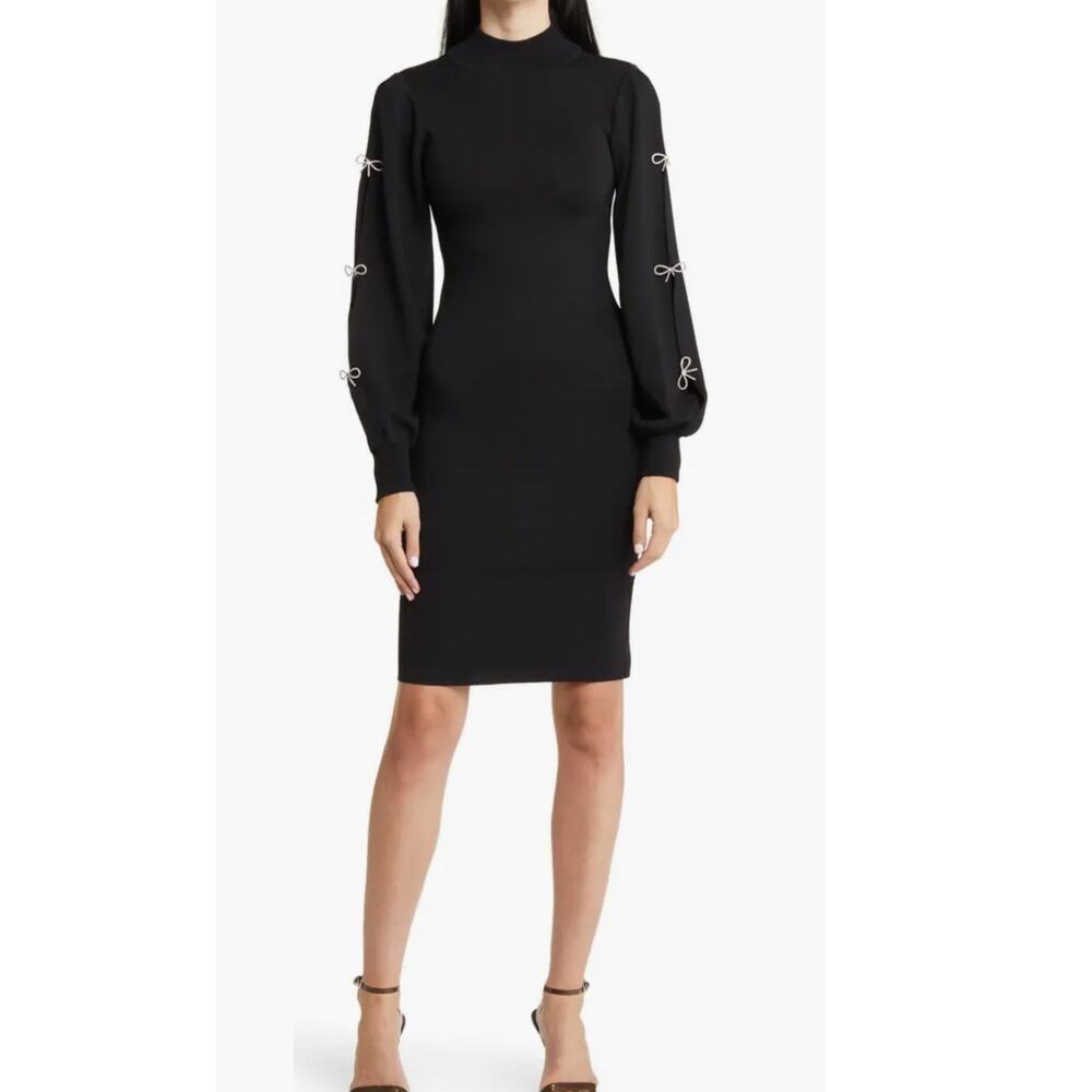 Eliza J Long Sleeve Black Sweater Dress, Rhinestone Bow Sleeves, Holiday, Medium